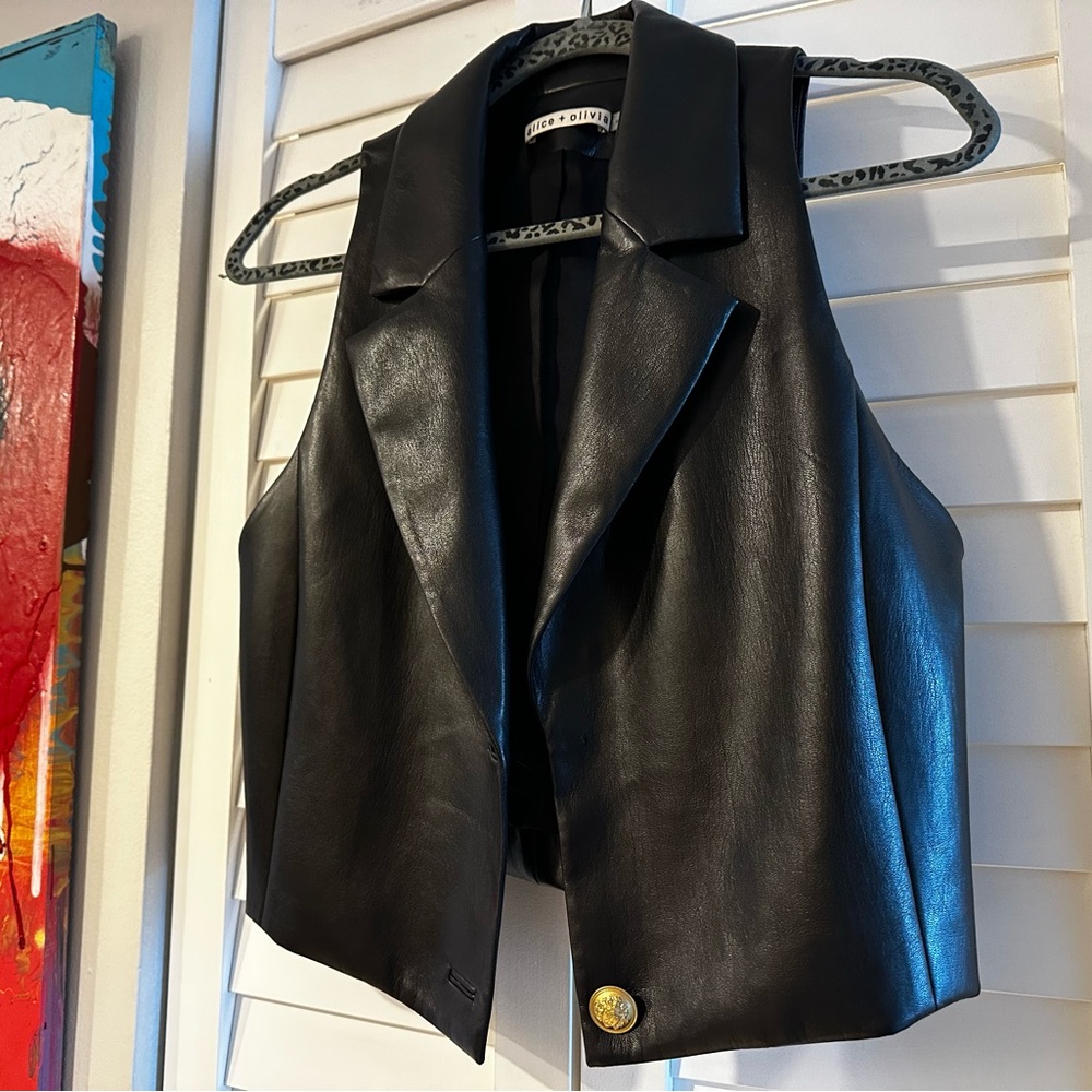 Alice + Olivia Black Leather Vest with Gold Button